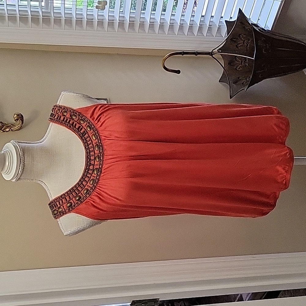 Grace Elements orange sleeveless top copper beaded neckline stretch Medium EUC …